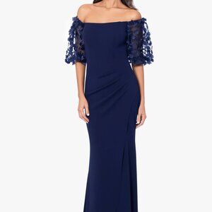 Elegant Navy Dress with Floral Sleeves